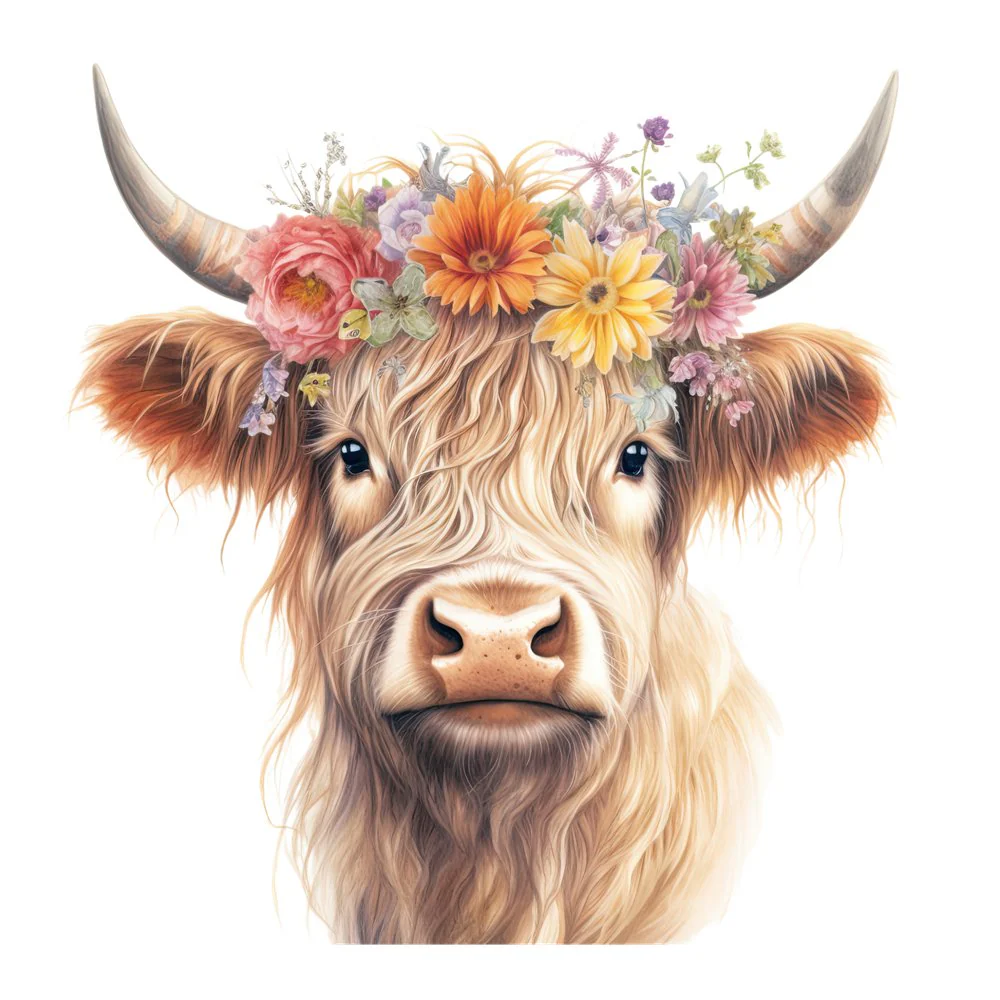 Highland Cow With Flower Crown #4 Fabric Panel