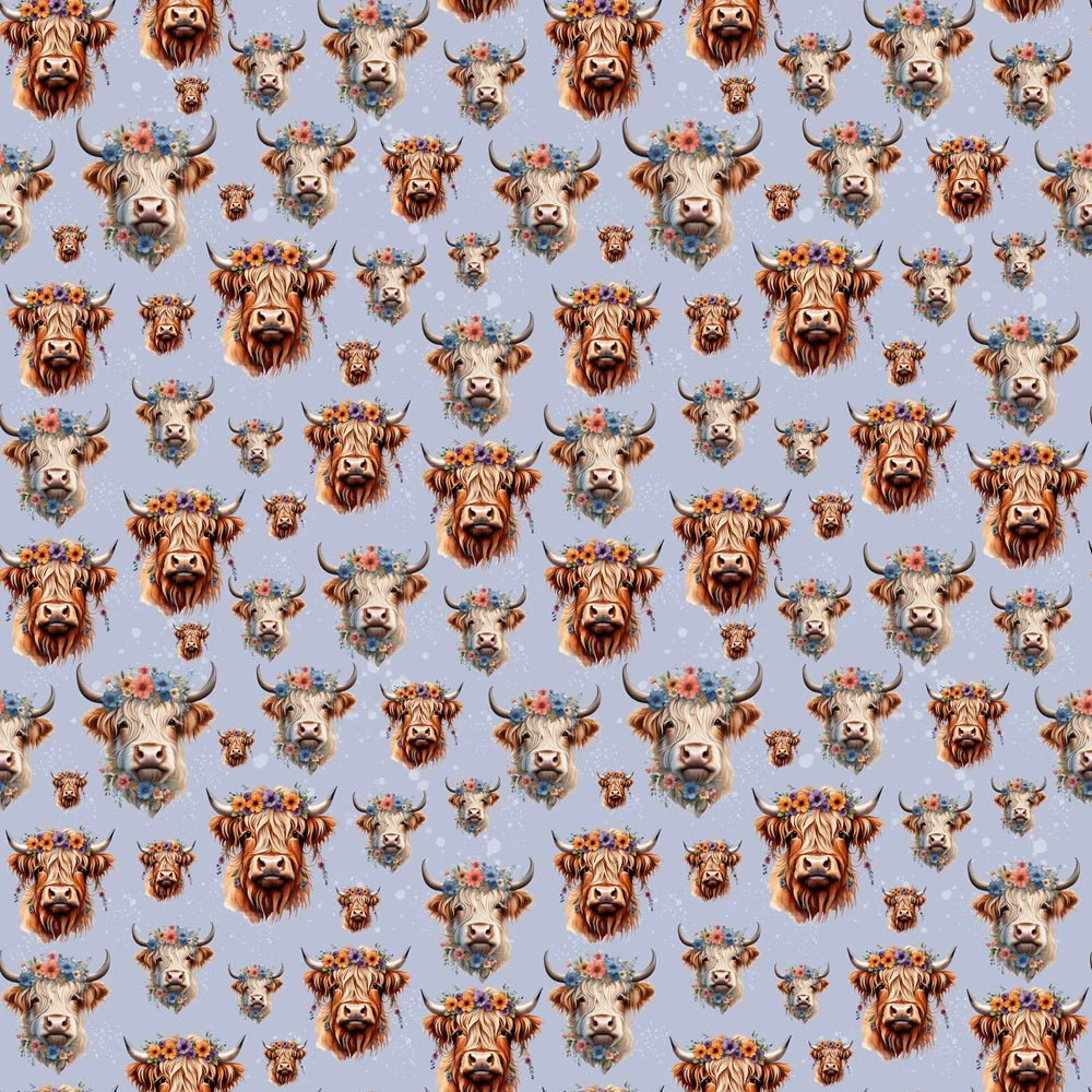 Highland Cows & Flower Crowns Fabric - Blue
