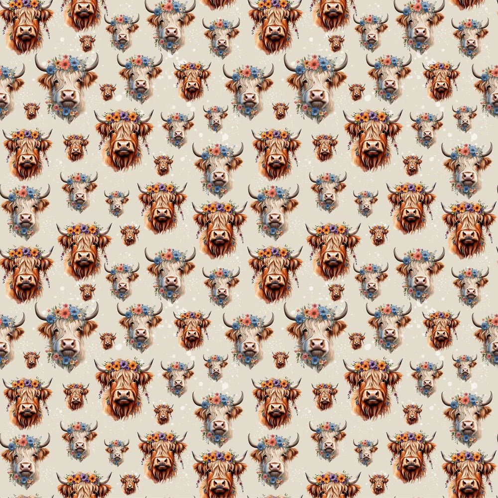 Highland Cows & Flower Crowns Fabric - Tan