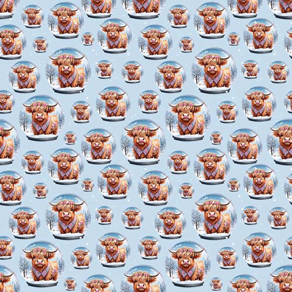 Highland Cows & Flowers In Globe Fabric - Blue