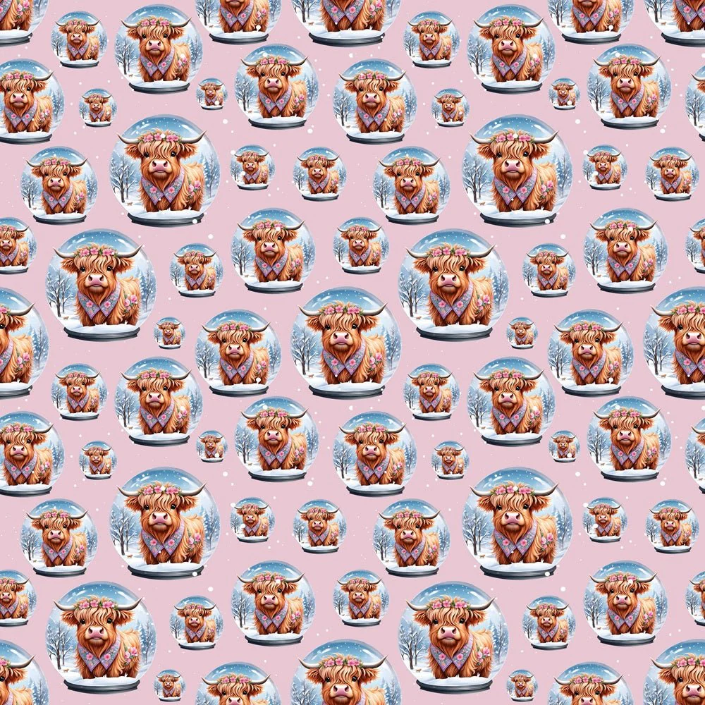 Highland Cows & Flowers In Globe Fabric - Pink