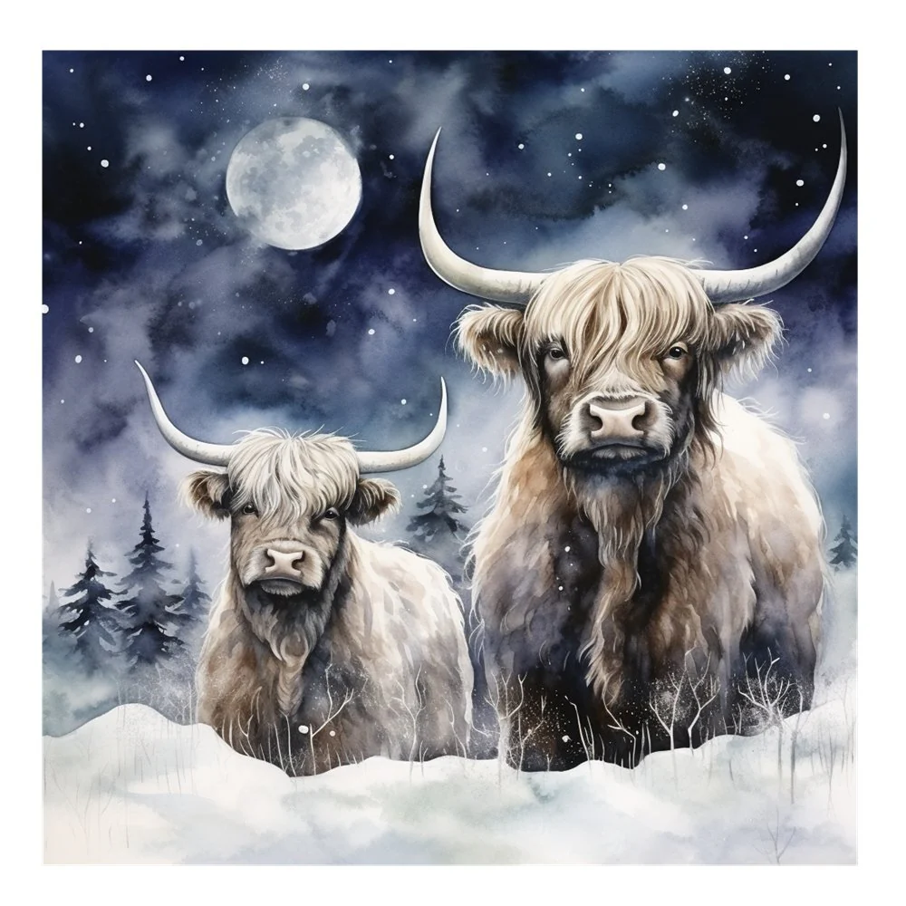 Highland Cows In The Moonlight #1 Fabric Panel