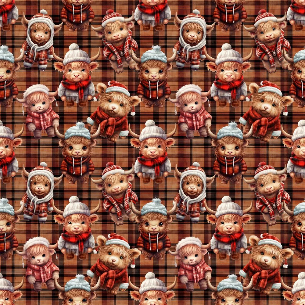 Highland Cows on Plaid Fabric