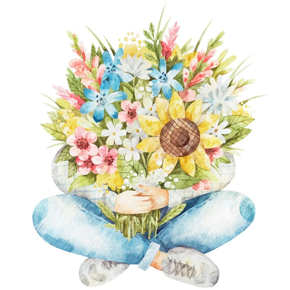 Holding Bouquet of Field Flowers Fabric Panel