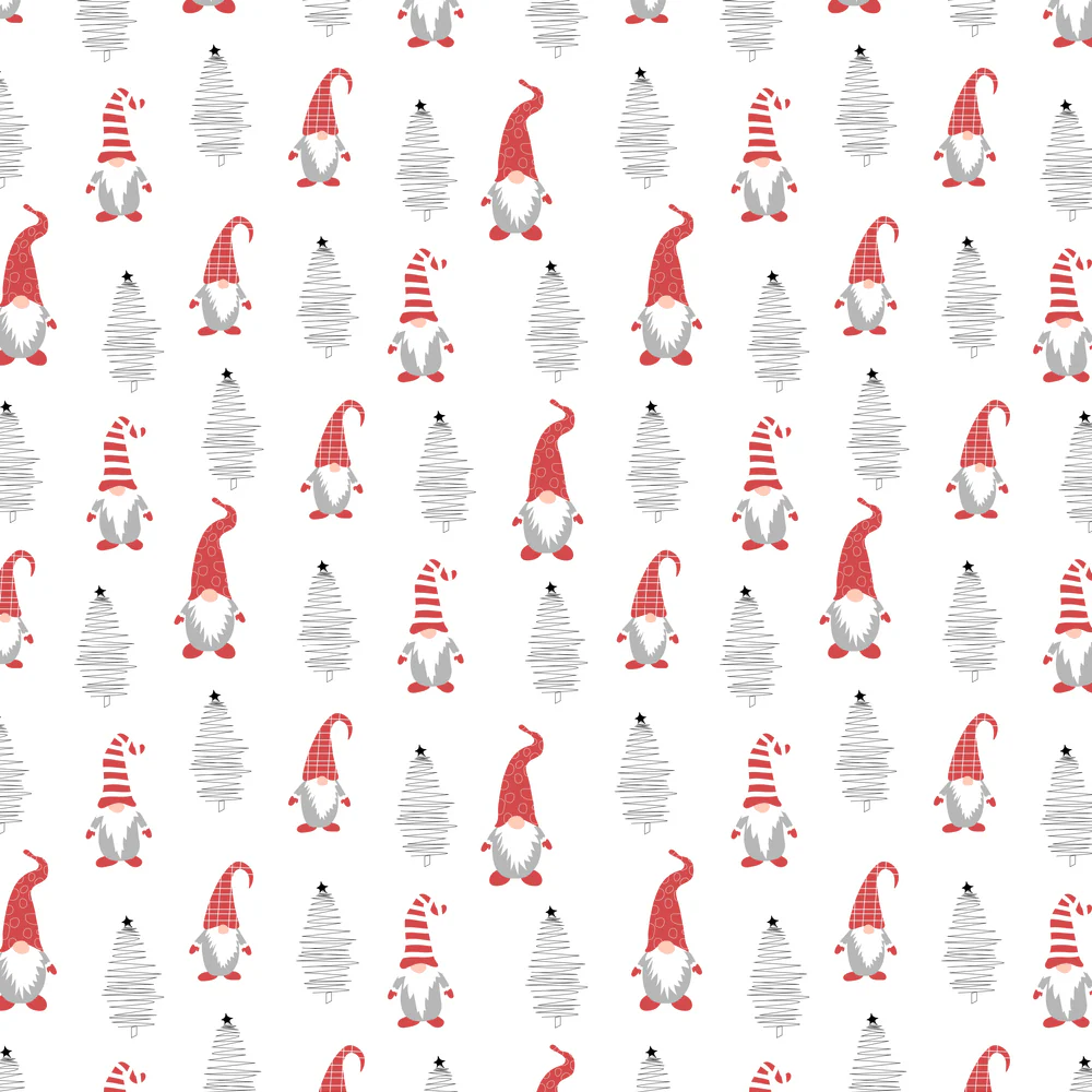 Holiday Gnomes, Hand Drawn Trees Fabric - White