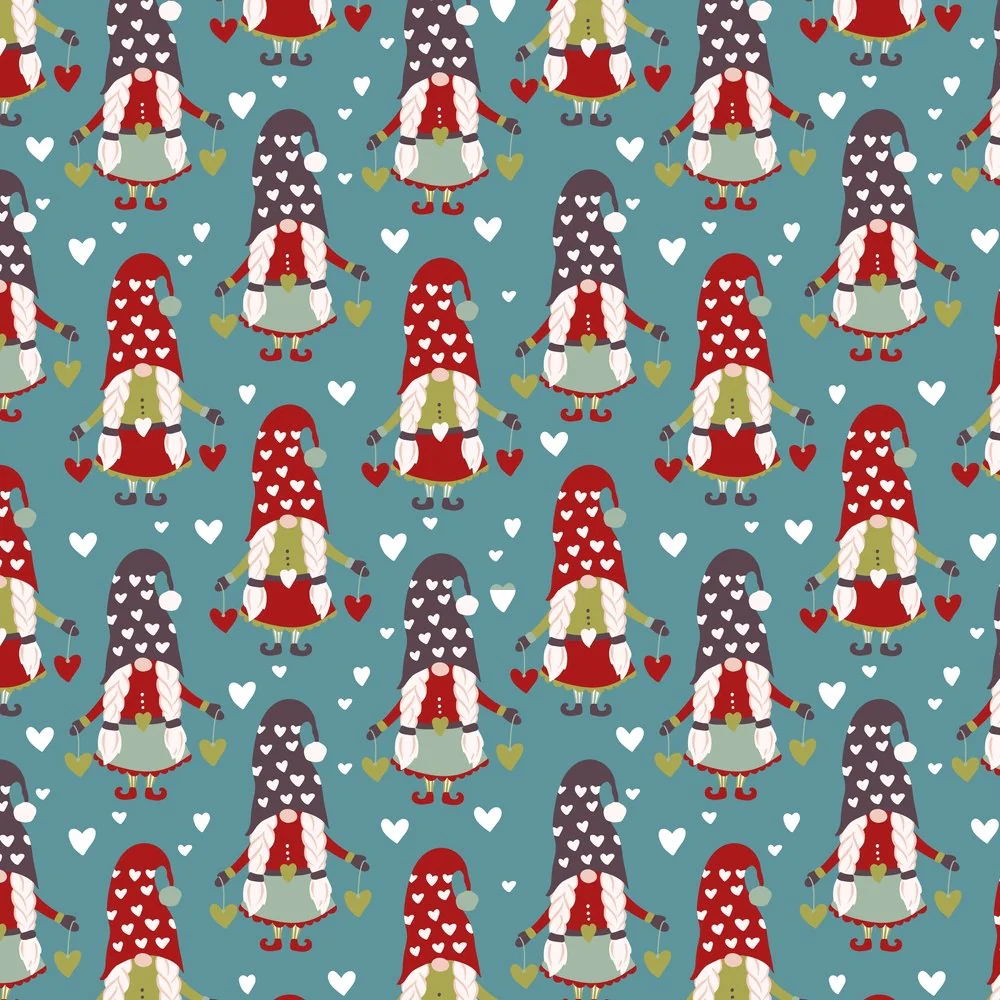 Holiday Gnomes, Hearts & Elf Fabric - Teal
