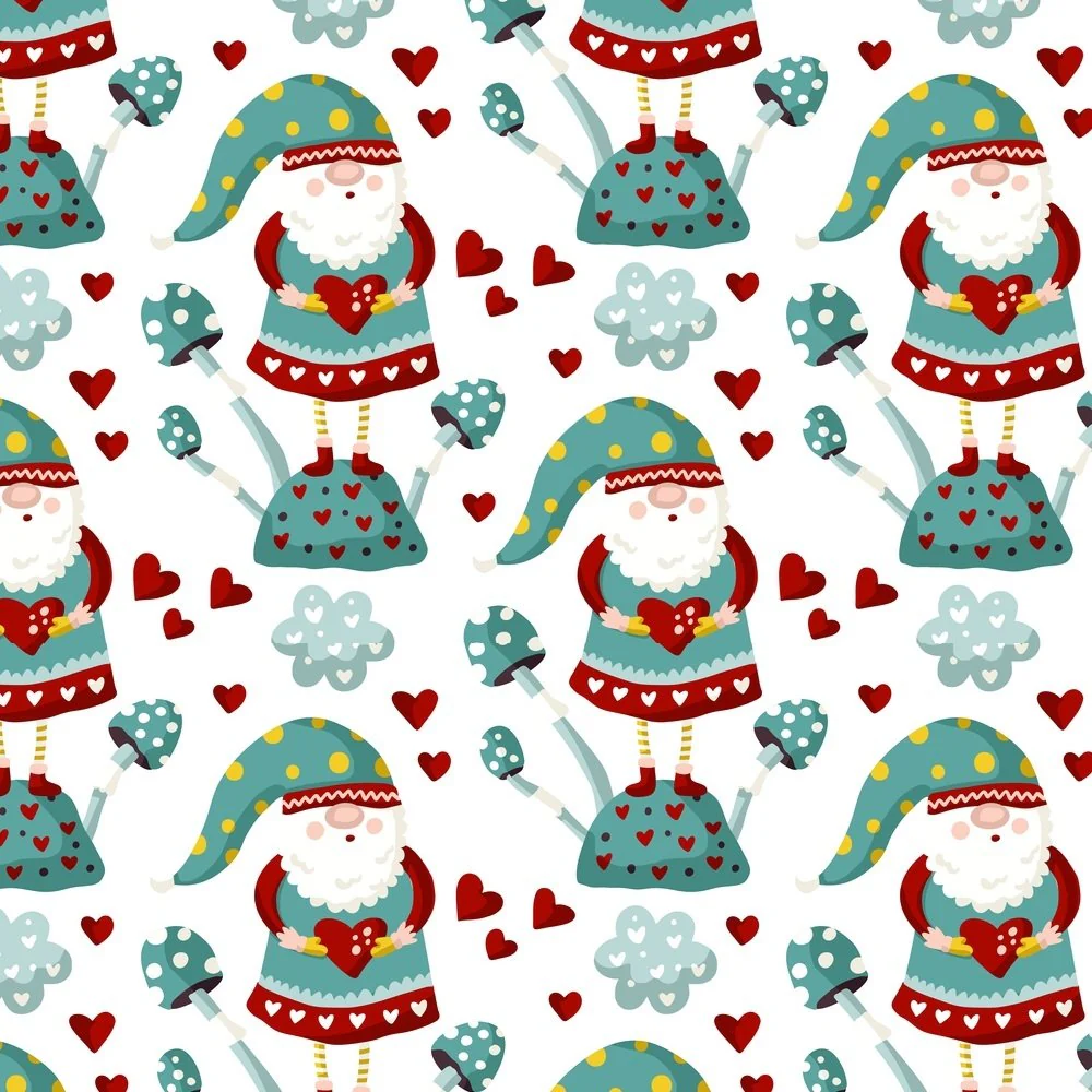 Holiday Gnomes, Hearts & Mushrooms Fabric - Teal