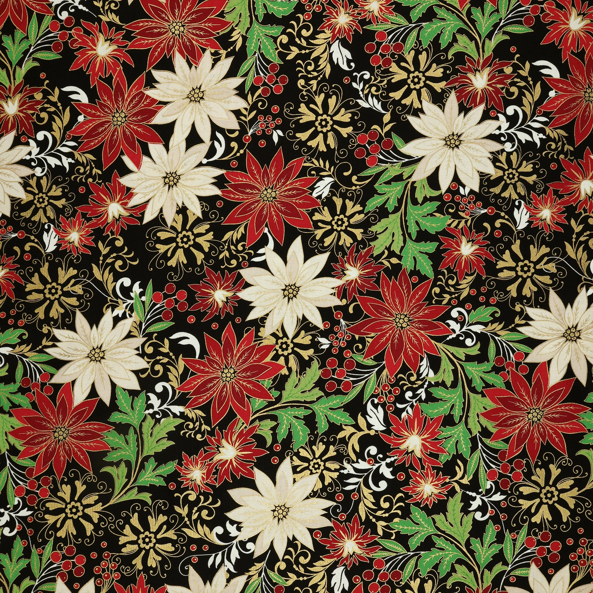 Holiday Nouveau Fabric Collection - Poinsettia Jacobean Black