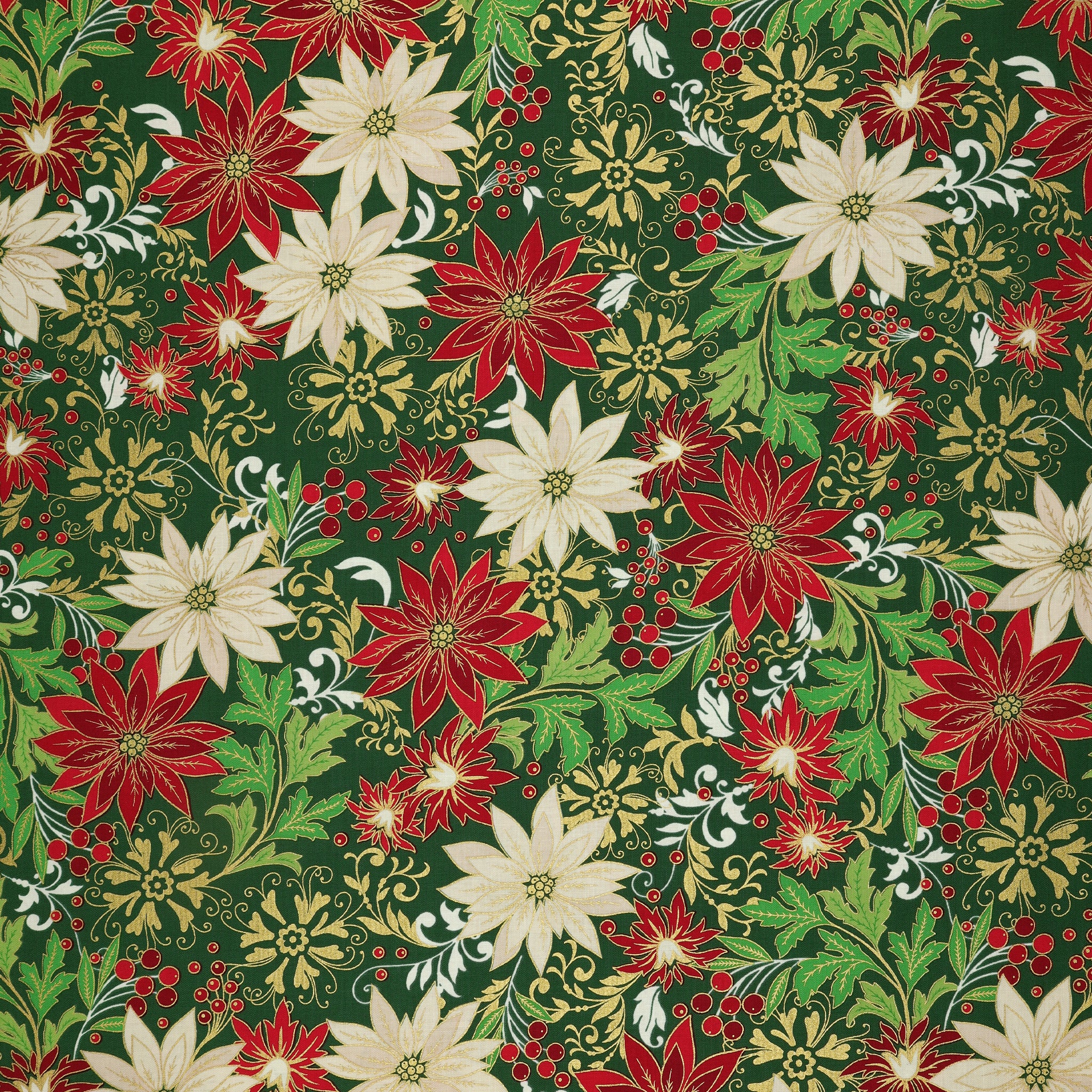 Holiday Nouveau Fabric Collection - Poinsettia Jacobean Forest Green