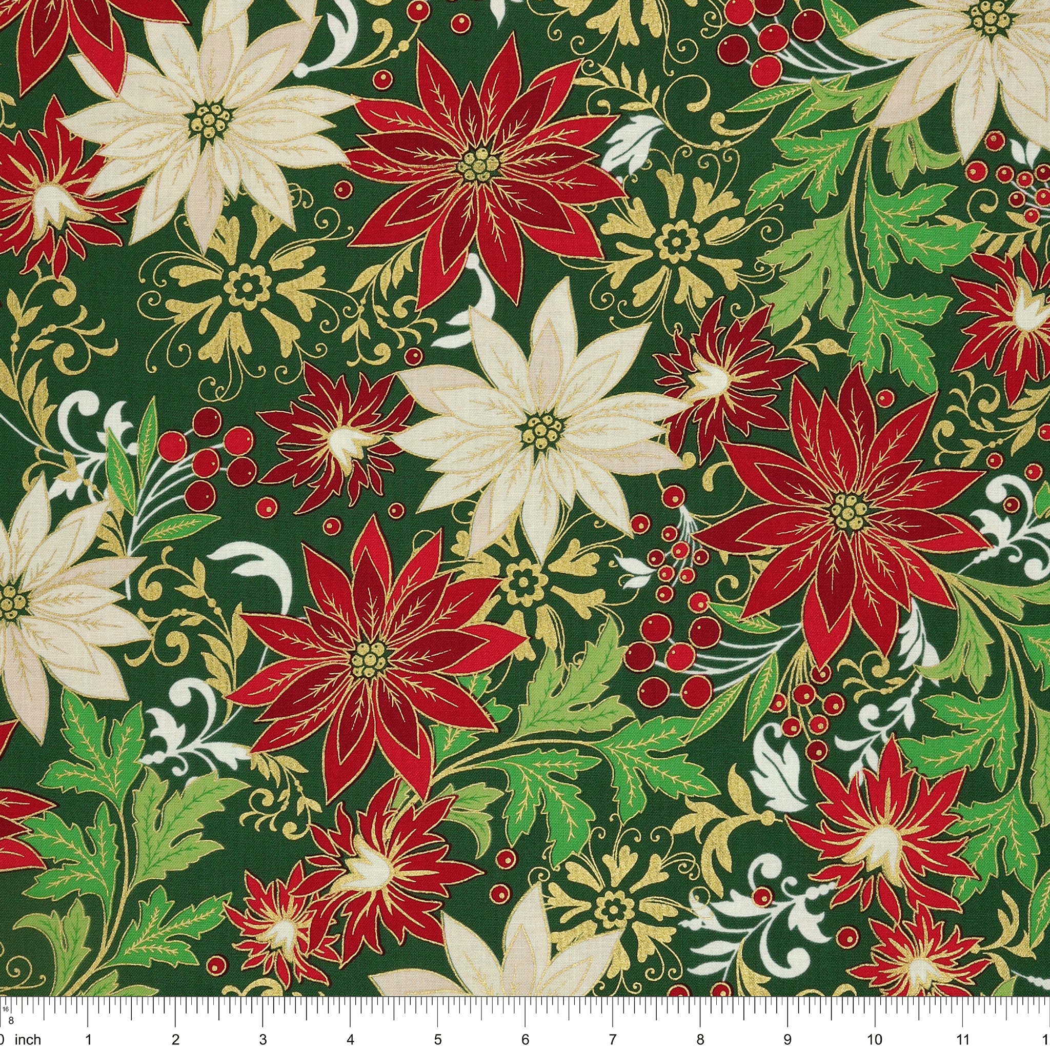 Holiday Nouveau Fabric Collection - Poinsettia Jacobean Forest Green - Image 3