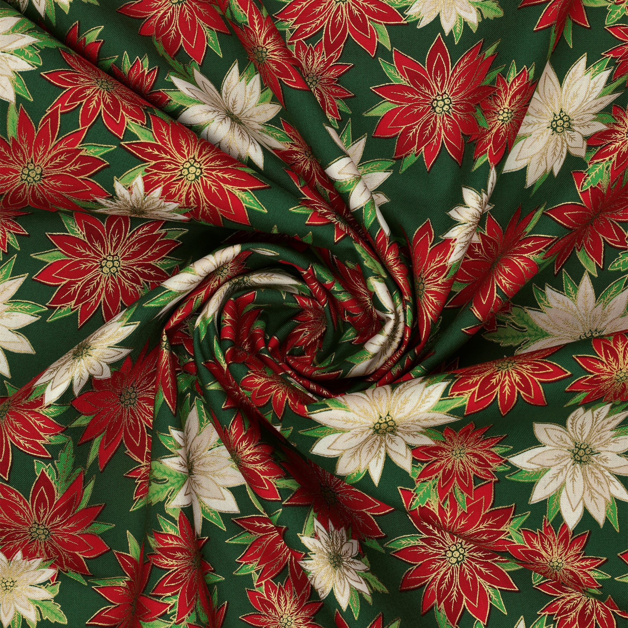 Holiday Nouveau Fabric Collection - Poinsettias In Bloom Forest Green - Image 2