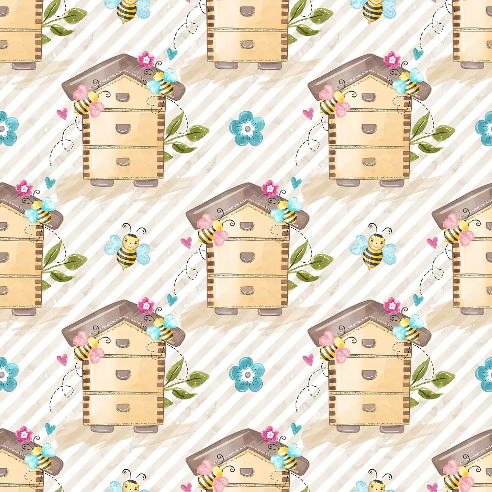 Honey Bee Colony & Stripes Fabric - White/Brown