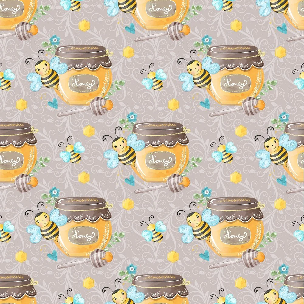 Honey Bee & Jar Fabric - Gray