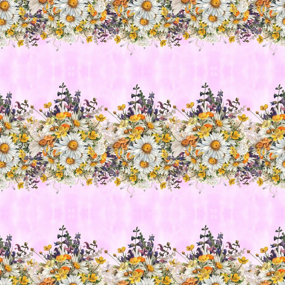 Horizontal Chamomile Flowers Border Fabric - Pink