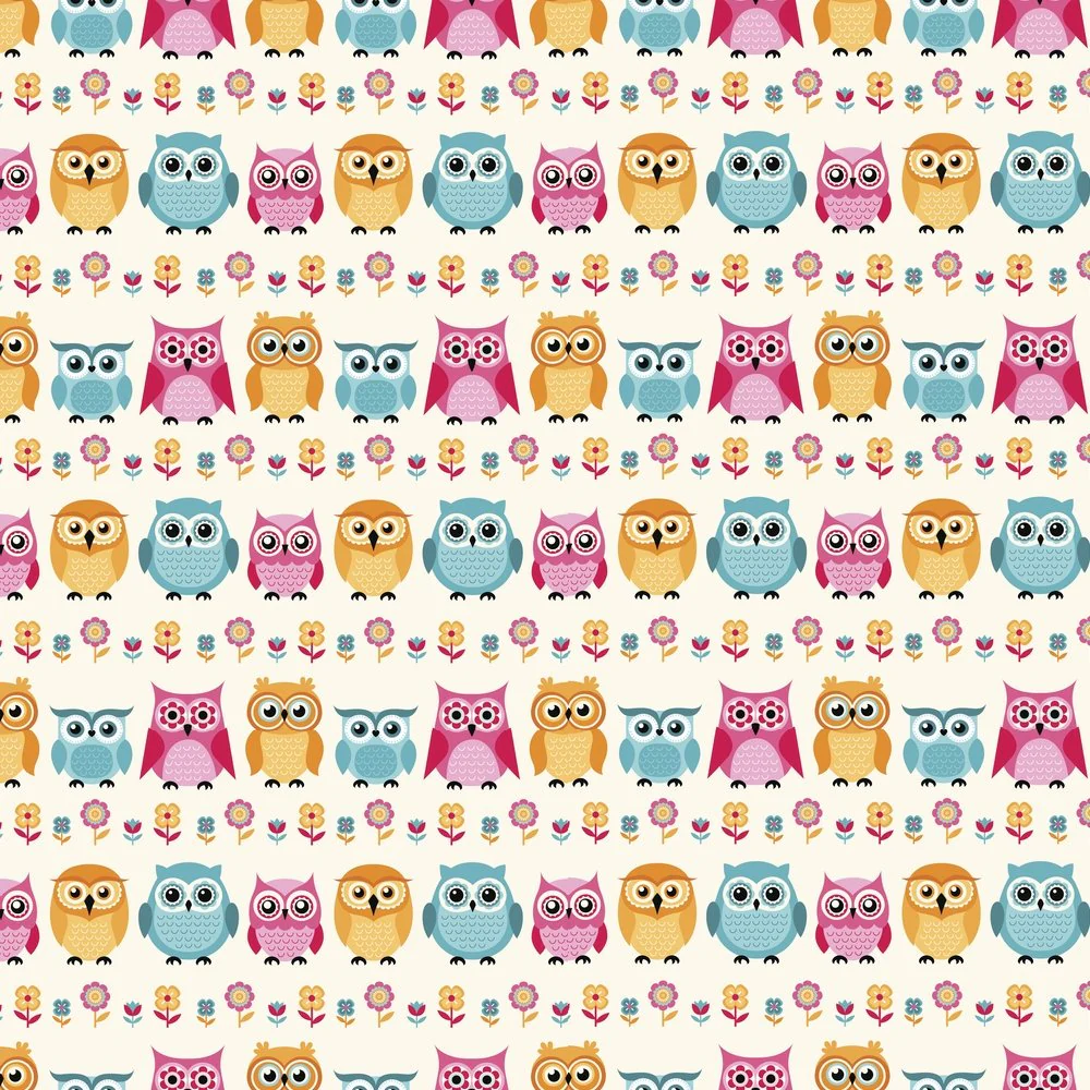 Horizontal Owls And Flowers Fabric - Multi