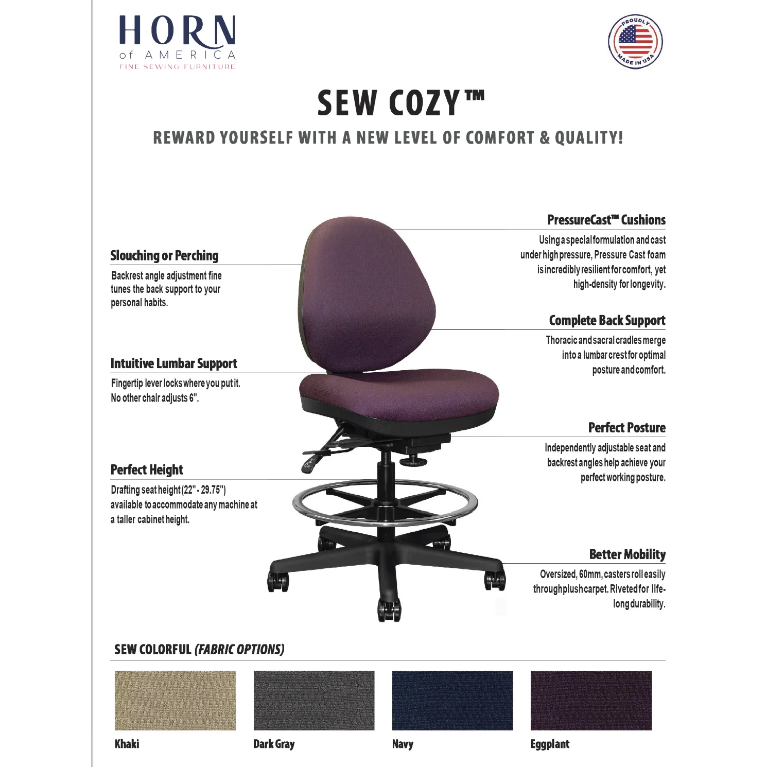 Horn of America Sew Cozy Drafting Sewing Chair - Image 5
