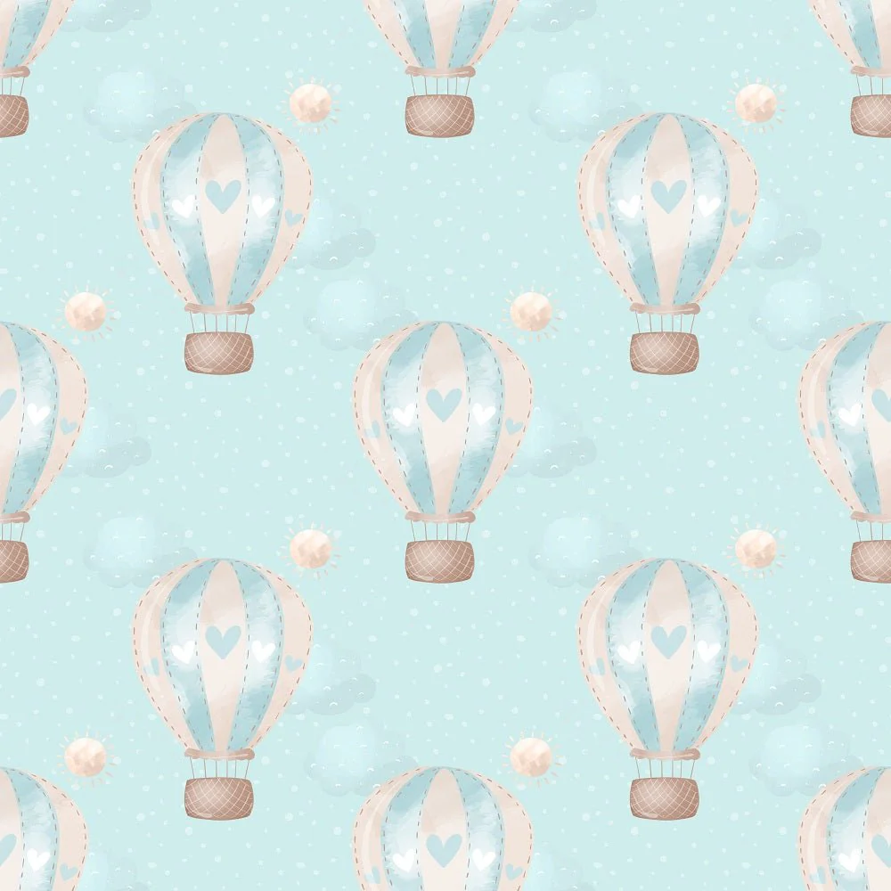 Hot Air Balloons On Dots Fabric - Blue