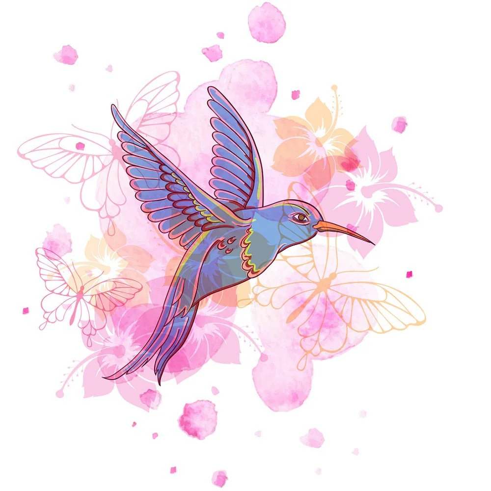 Hummingbird on Faded Butterflies Fabric Panel