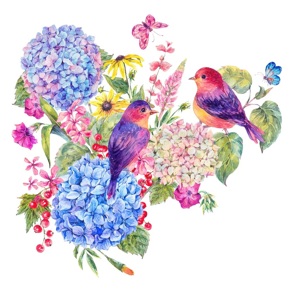 Hydrangea Bouquet With Birds Fabric Panel - Multi
