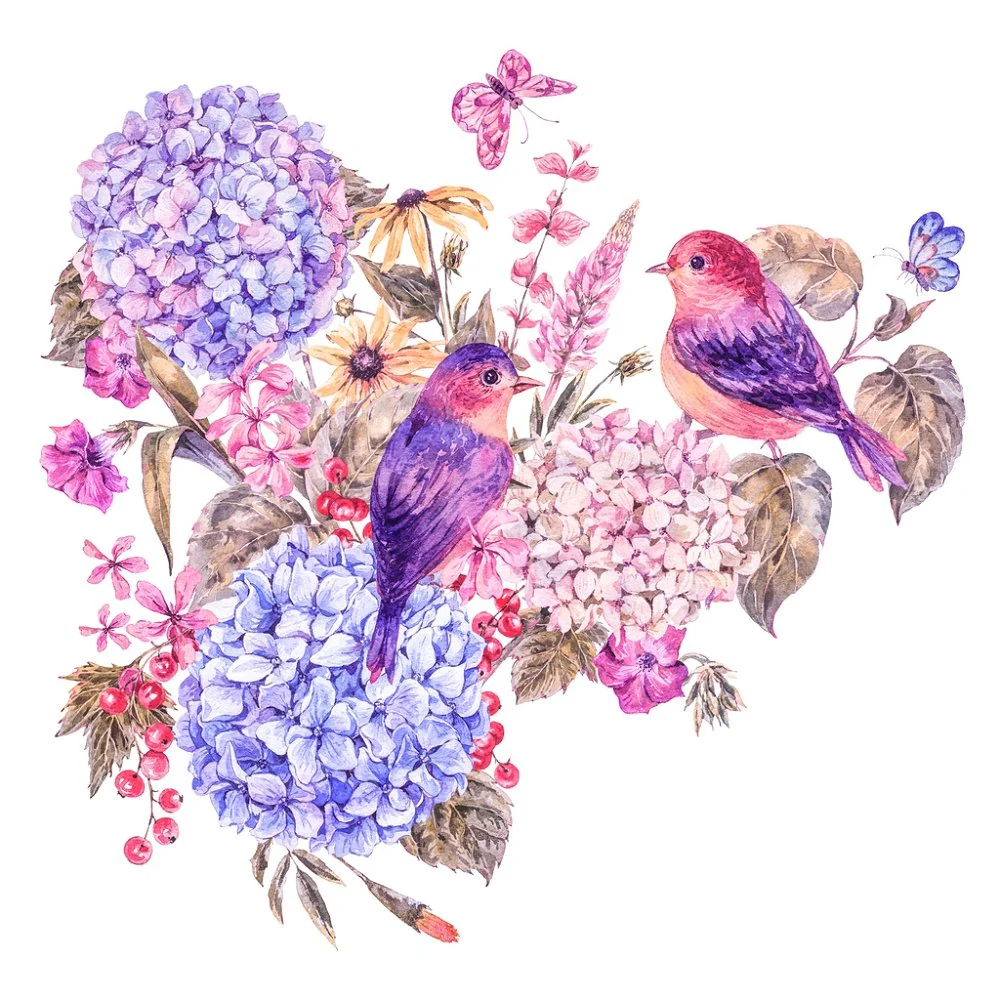 Hydrangea Bouquet With Birds Fabric Panel - Purple