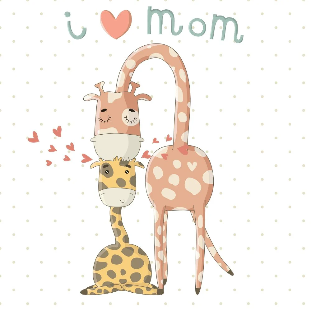 I Love Mom Cartoon Giraffes Fabric Panel