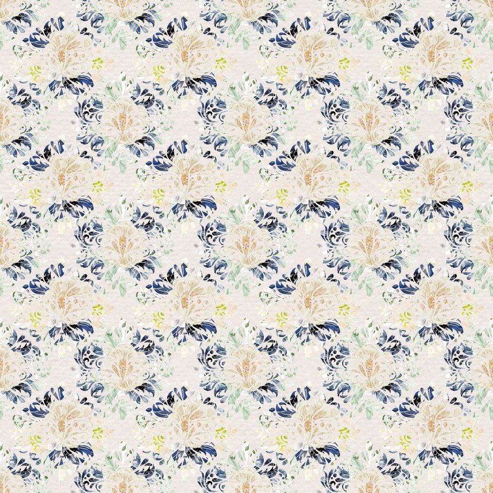 Indigo Blue Allover Floral Fabric - Tan