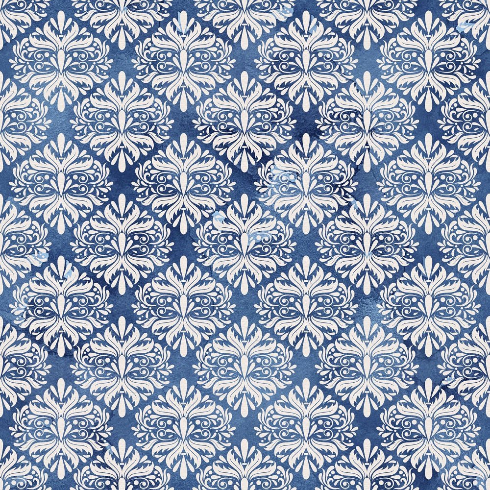 Indigo Blue Damask Fabric - Blue