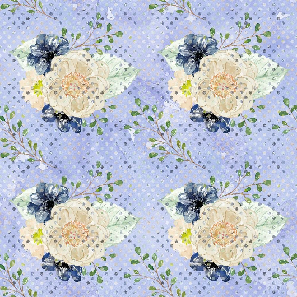 Indigo Blue Floral Bouquet & Branches on Dots Fabric - Blue