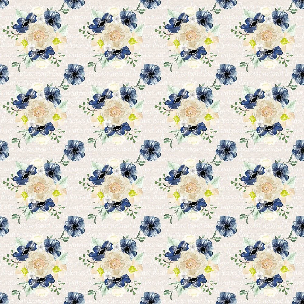 Indigo Blue Floral Bouquets on Text Fabric - Tan