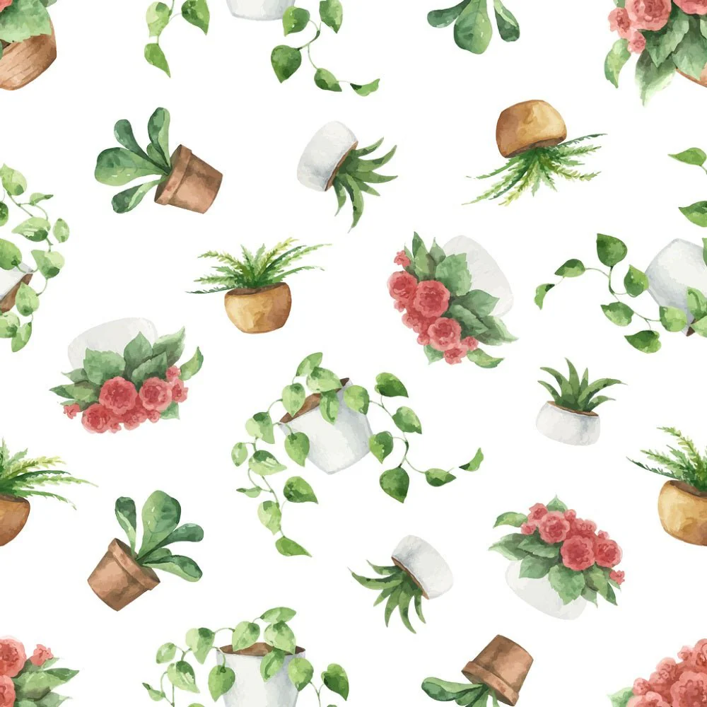 Indoor Green Plants Roses Scattered Fabric
