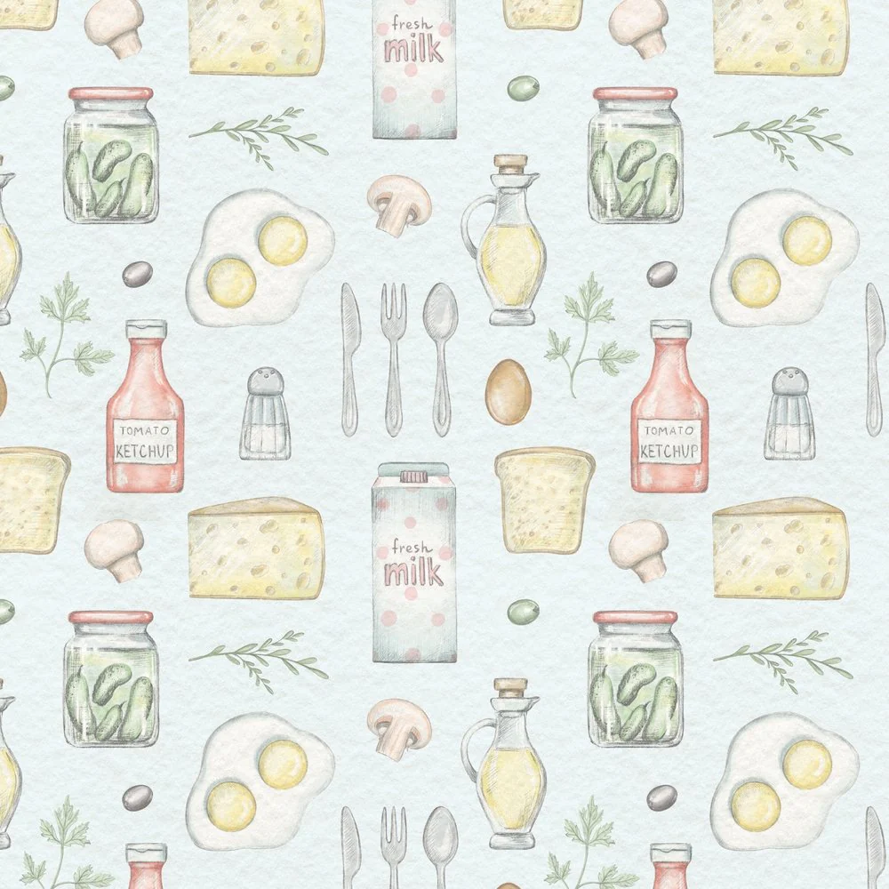 Ingredients In The Kitchen Fabric - Blue