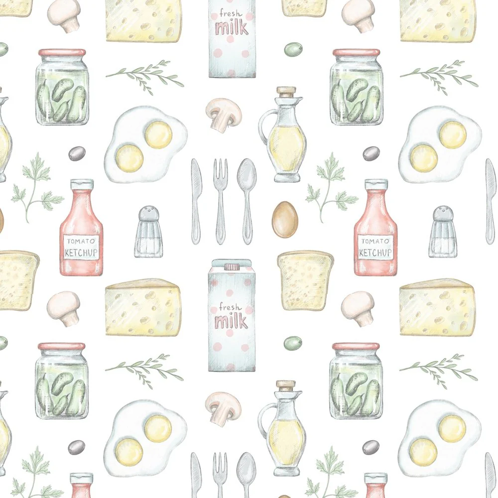 Ingredients In The Kitchen Fabric - White