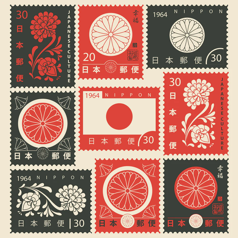 Japanese Chrysanthemum Postage Stamps Fabric Panel Variation 1