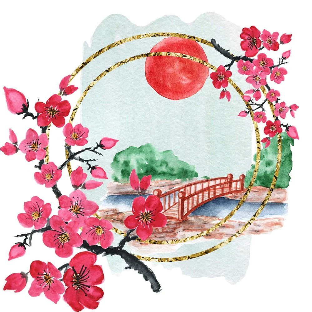 Japanese Sakura Garden with Bridge Fabric Panel