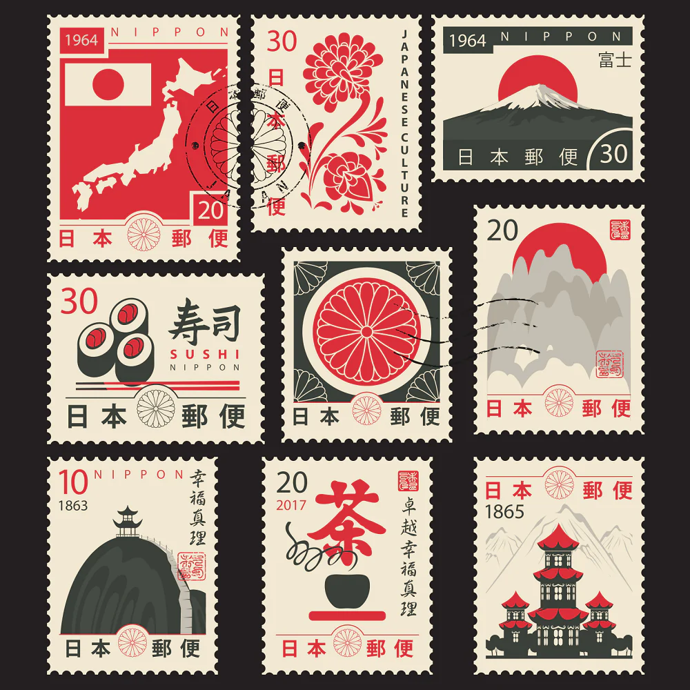 Japanese Symbols Postage Stamp Fabric Panel Variation 1