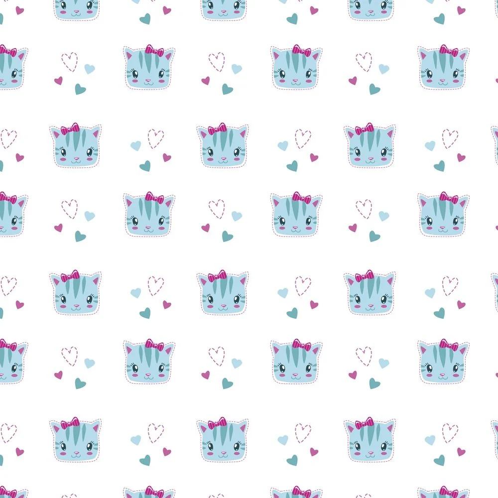 Kid's Playtime, Cute Kitty Face Fabric - Blue