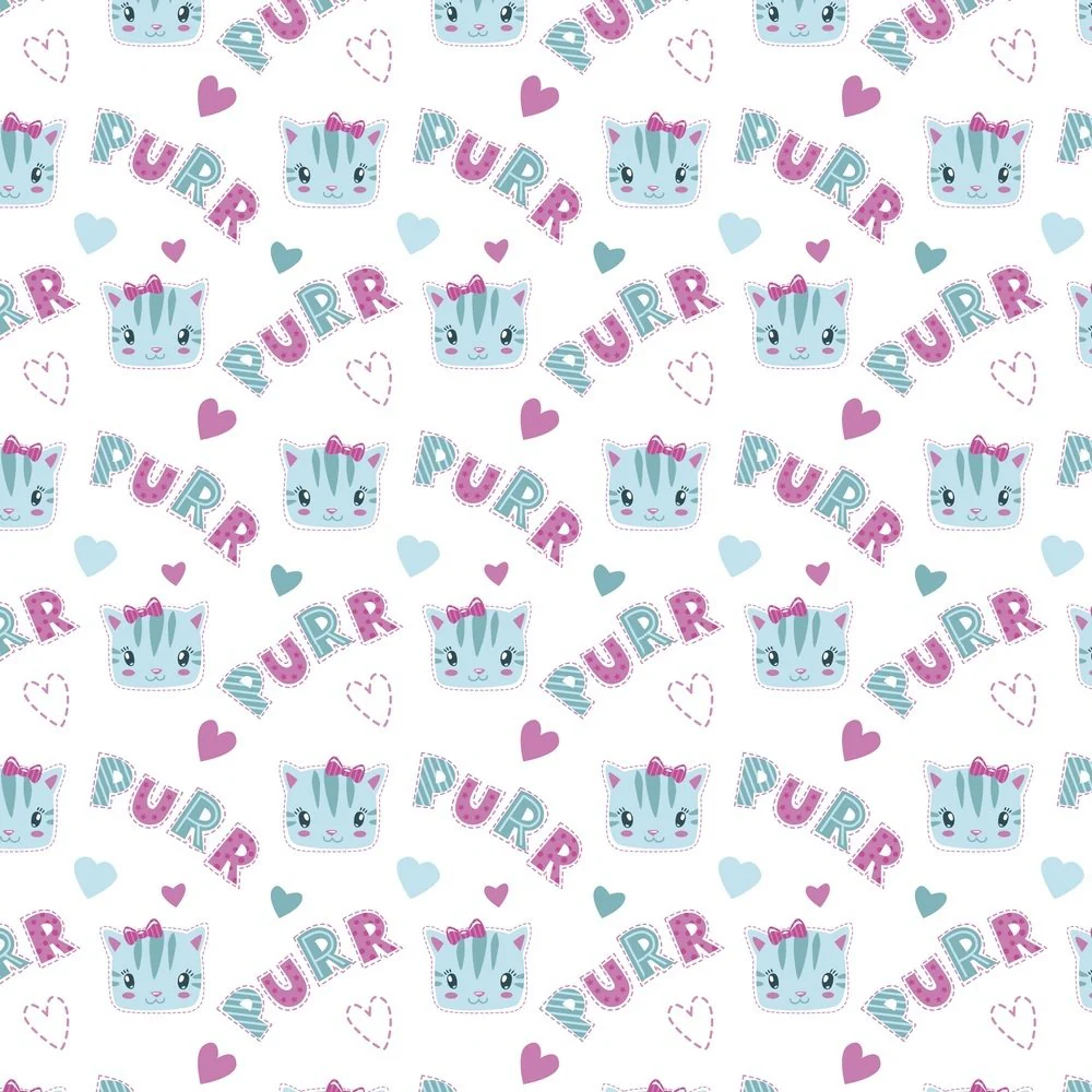 Kid's Playtime, Cute Kitty Face & Purr Fabric - Blue