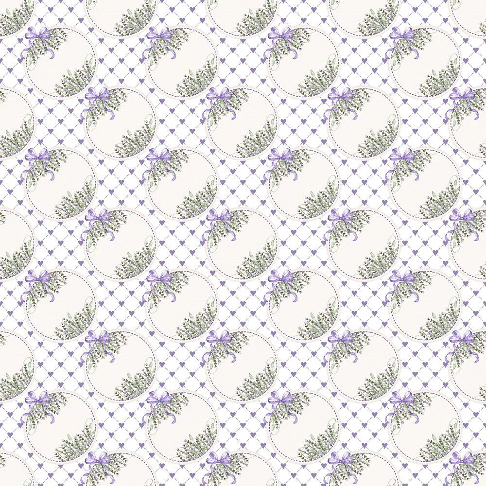 Lavender Patches & Hearts Fabric - White