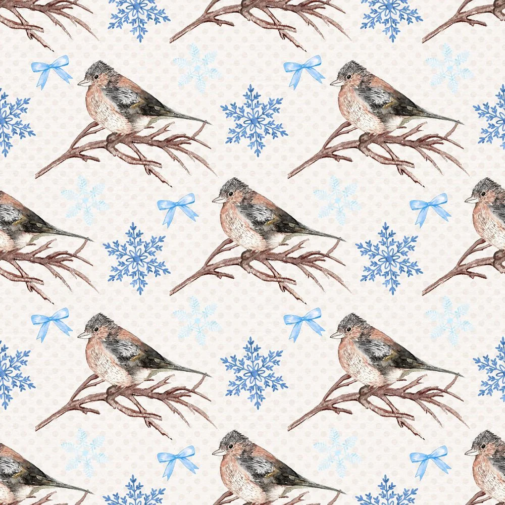 Let It Snow Birds on Branches on Dots Fabric