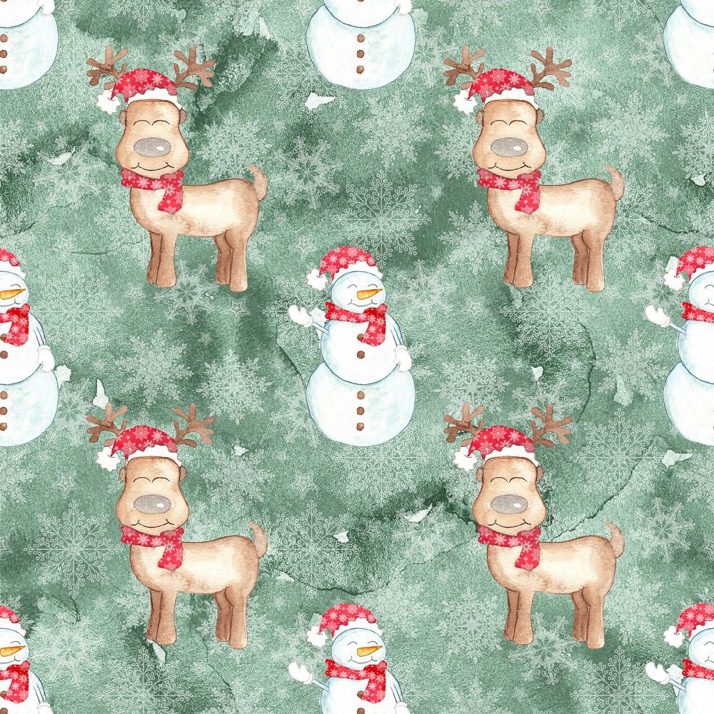 Let It Snow Reindeer and Snowmen Fabric - Green