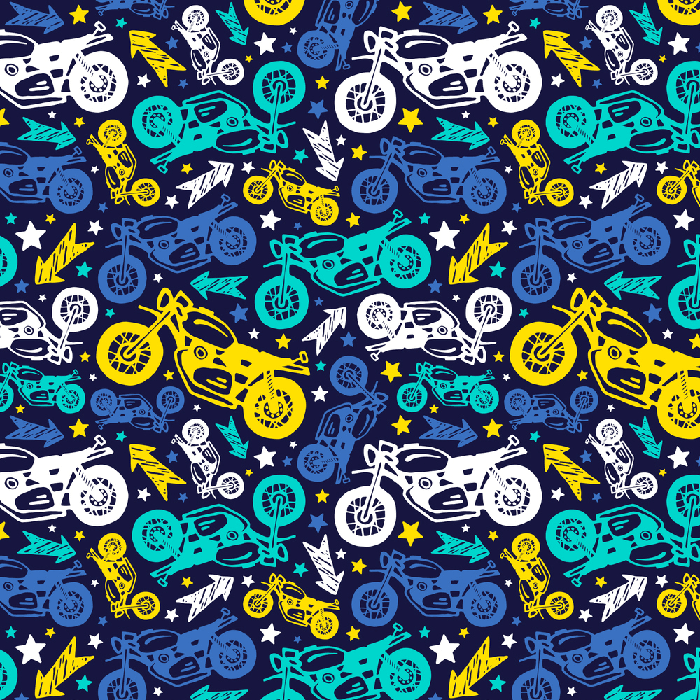 Let's Ride, Tossed Motorcycles Fabric - Navy