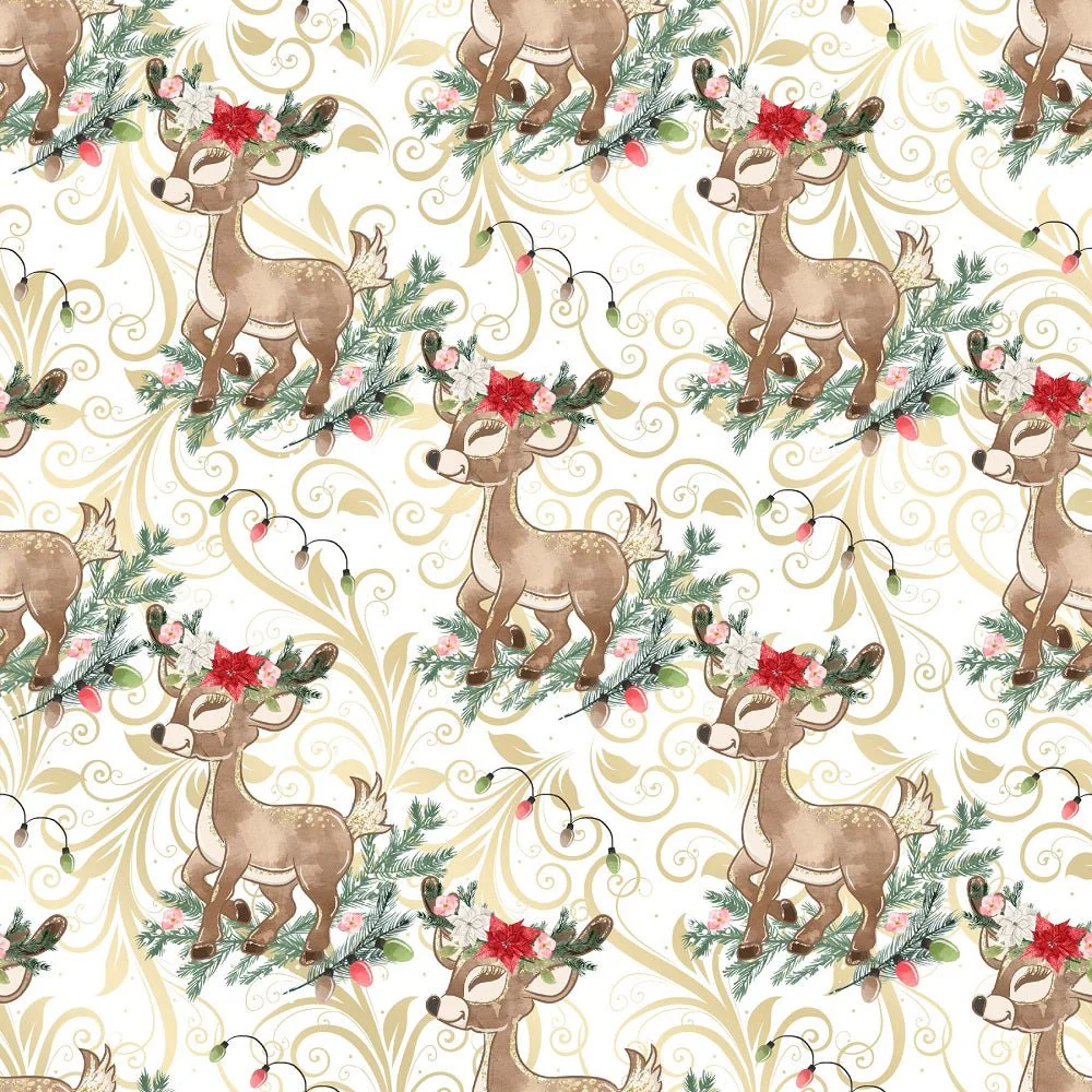 Little Bambi on Swirls Fabric - White