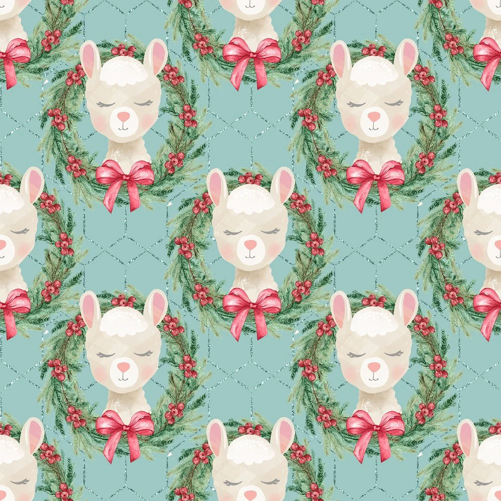 Llama Wreaths on Honey Comb Fabric - Teal