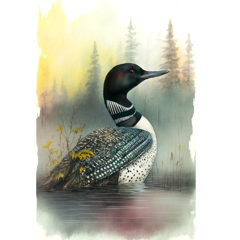 Loon by the Lake Scene Fabric Panel
