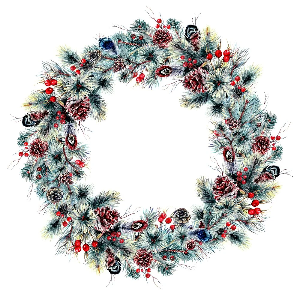 Lush Pine Branches, Feathers, & Berries Fabric Panel