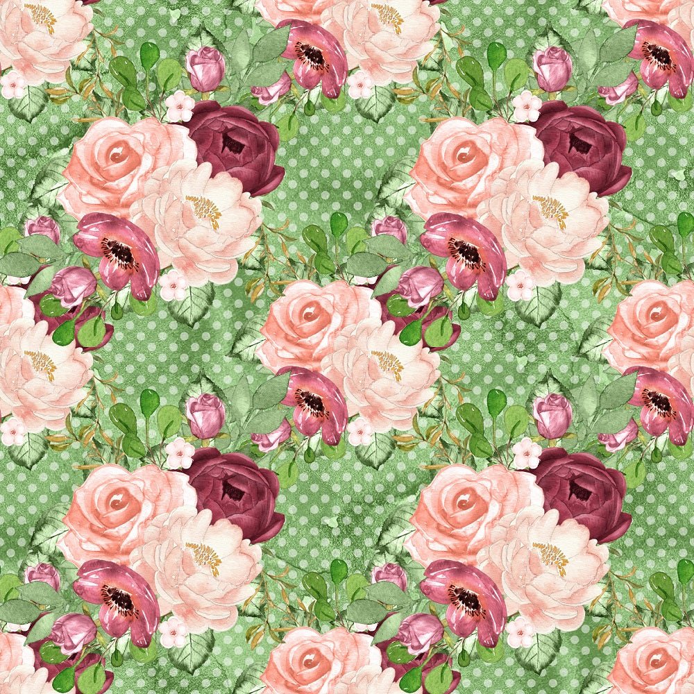 Marsala Bouquets on Dots Fabric - Green