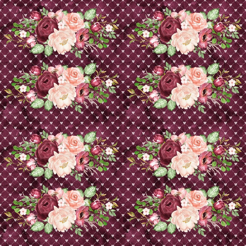 Marsala Bouquets on Hearts Fabric - Burgundy