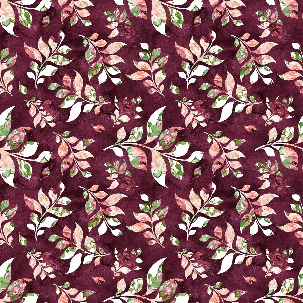 Marsala Patterned Leaves Fabric - Burgundy