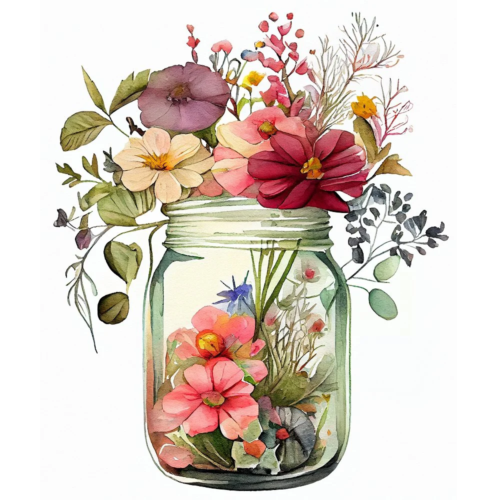 Mason Jar Flowers #1 Fabric Panel