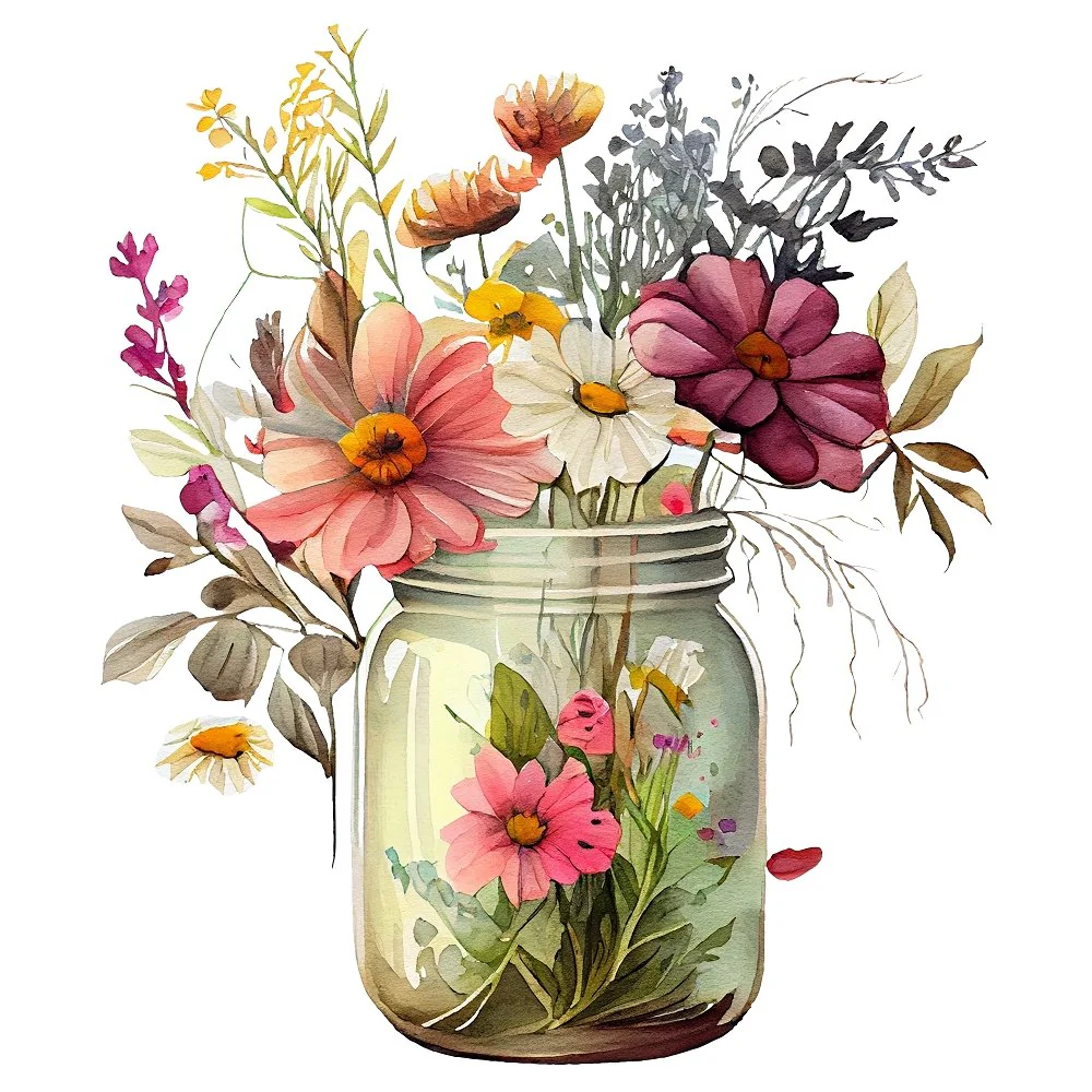 Mason Jar Flowers #3 Fabric Panel